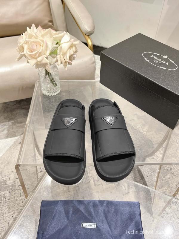 2025 Men Prada Black Leather Slippers KFY00220