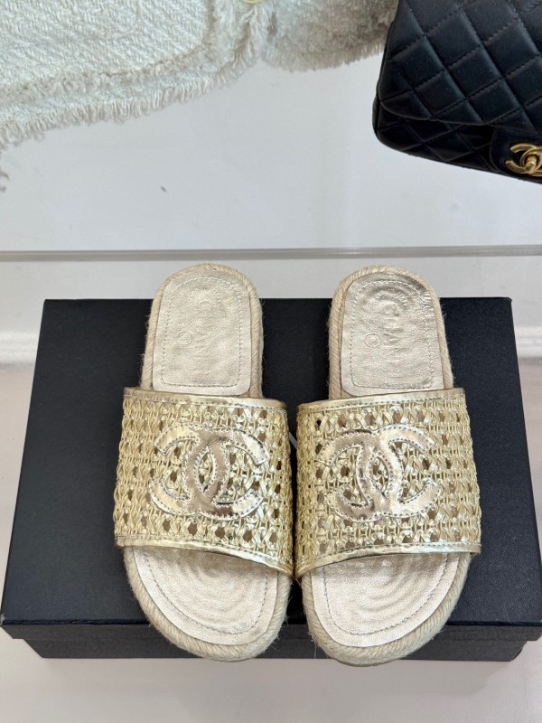 2025 Women Chanel Beige Custom Material Rope Sole Slippers Big CC Hollow Weave KFY00240