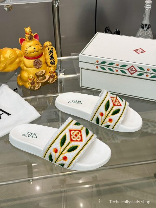 2025 Men CASA BLANCA White Green Red Embroidered Leather Slippers KFY00160