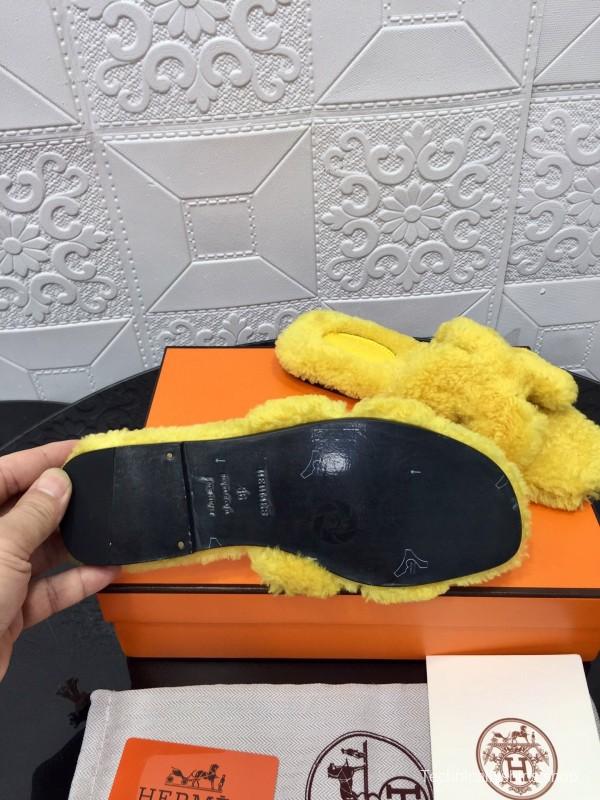 H Teddie Wool H Slippers Flat Sole Fur Slides - LY00240