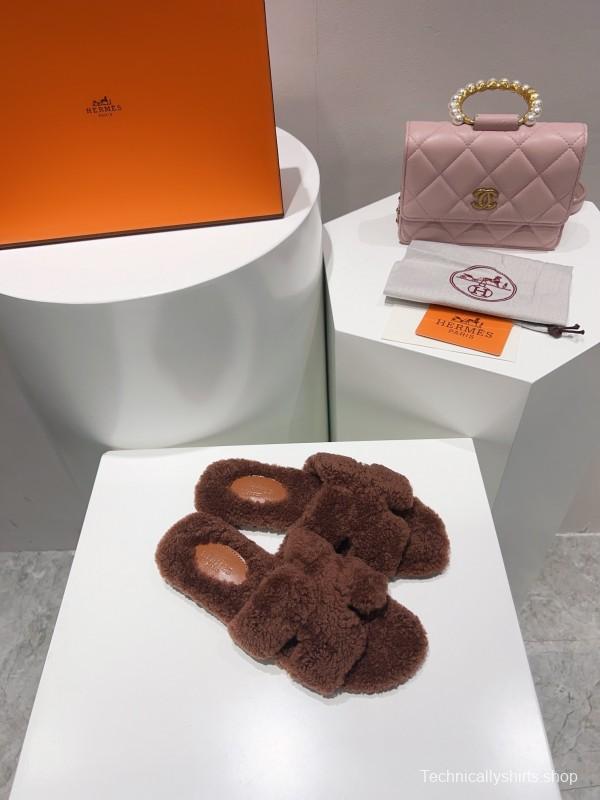 H Teddy Wool H Slippers Flat Sole Fur Slippers - LY00240