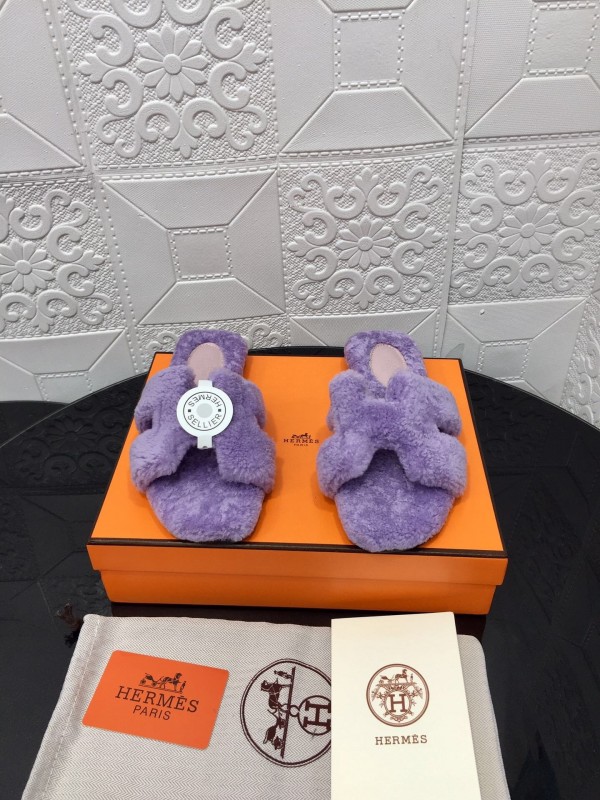 H Eiderdown Teddy Wool H Slippers Flat Sole Fur Slides - LY00240