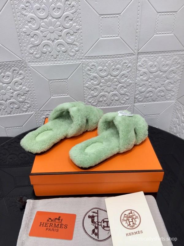 H Eiderdown Teddy Wool H-Logo Slippers Flat Sole Winter Home Shoes - LY00240