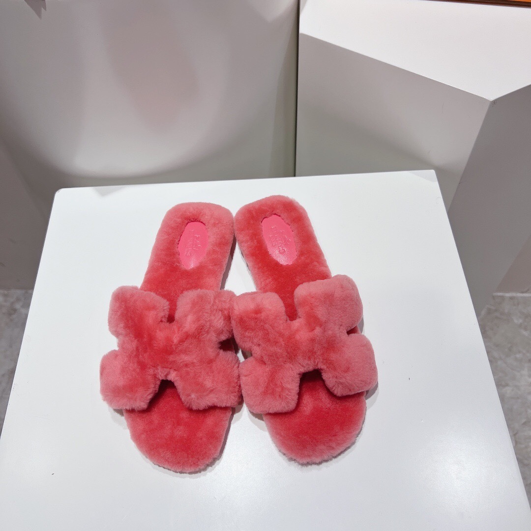 Hermès Teddy Wool H Slippers Flat Sole Fur Slides - LY00240