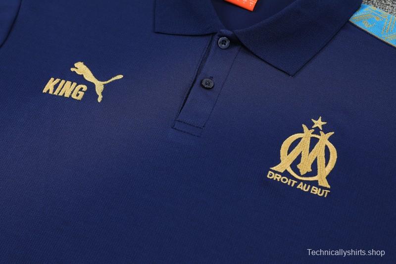 26/27  Marseille Navy Blue  Polo Training Shirt + Long Pants Tracksuit