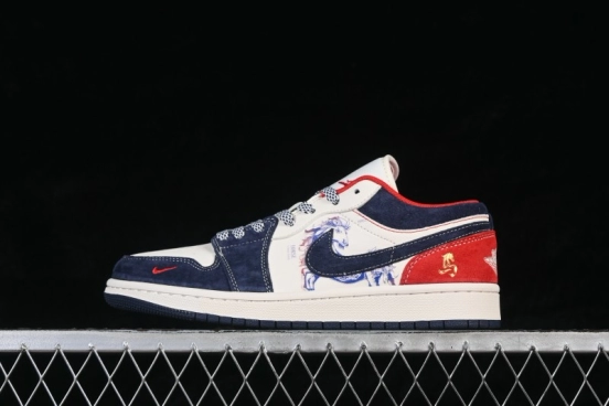 Nike Air Jordan 1 Low Retro Basketball Shoes with Premium White-Blue-Red Color Blocking and Custom Detailing - JY6988-135