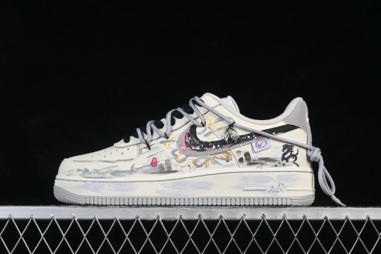 Nike Air Force 1 '07 Low Unbridled Steed Hand-Painted Ink Art Sneakers with Dynamic Swoosh Design - FB1839-313