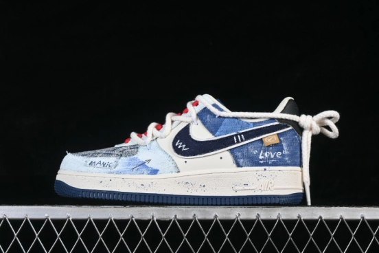 Nike Air Force 1 '07 Low Hand-Drawn Sneakers with Indigo-Dyed Denim and Leather Upper - FB0607-707