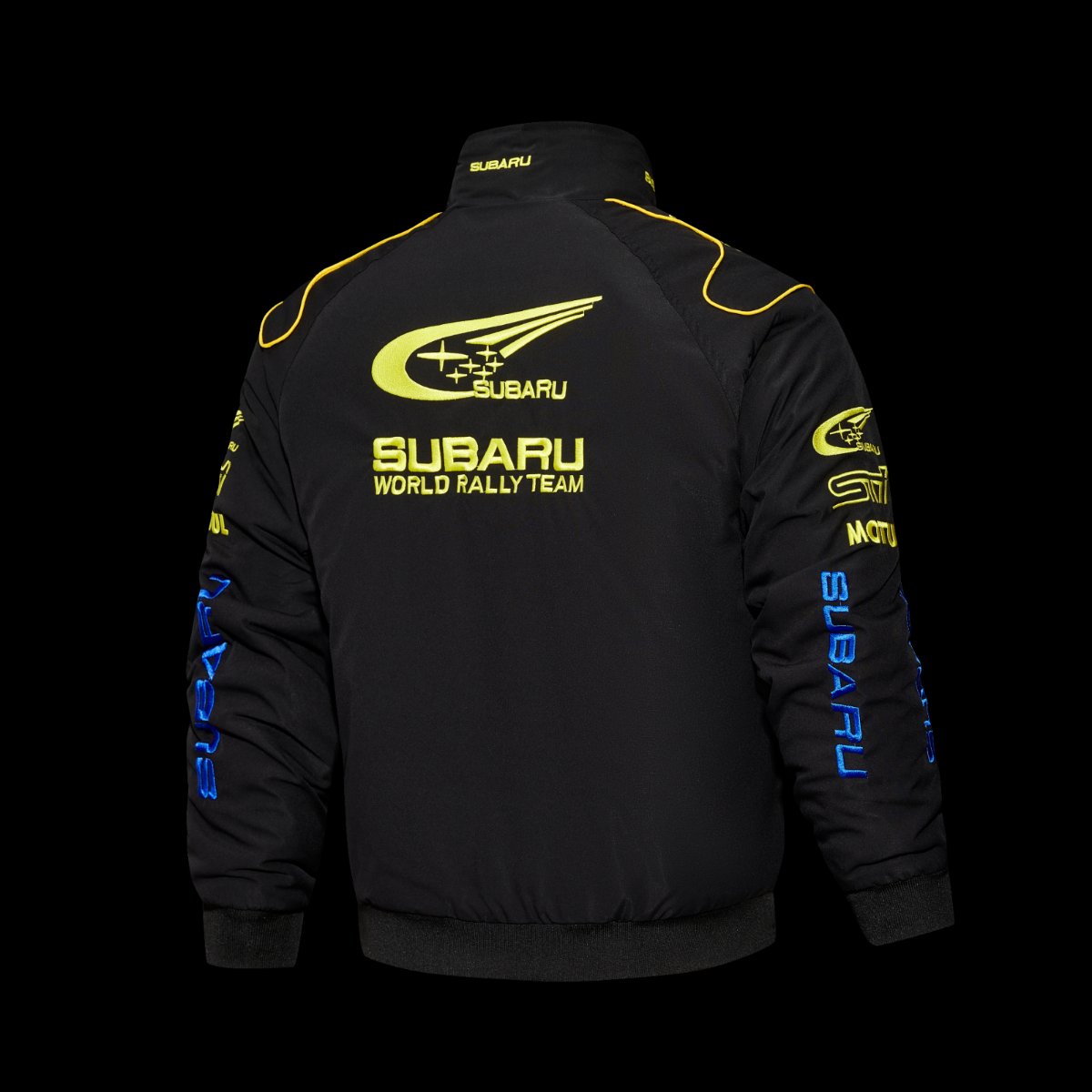 2026 F1 Subaru World Rally Team Black and Blue Racing Jacket with Yellow Trim and Pirelli Logo